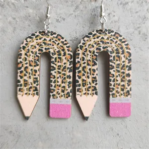Brown Wood & Silver-Plated Leopard Pencil Drop Earrings