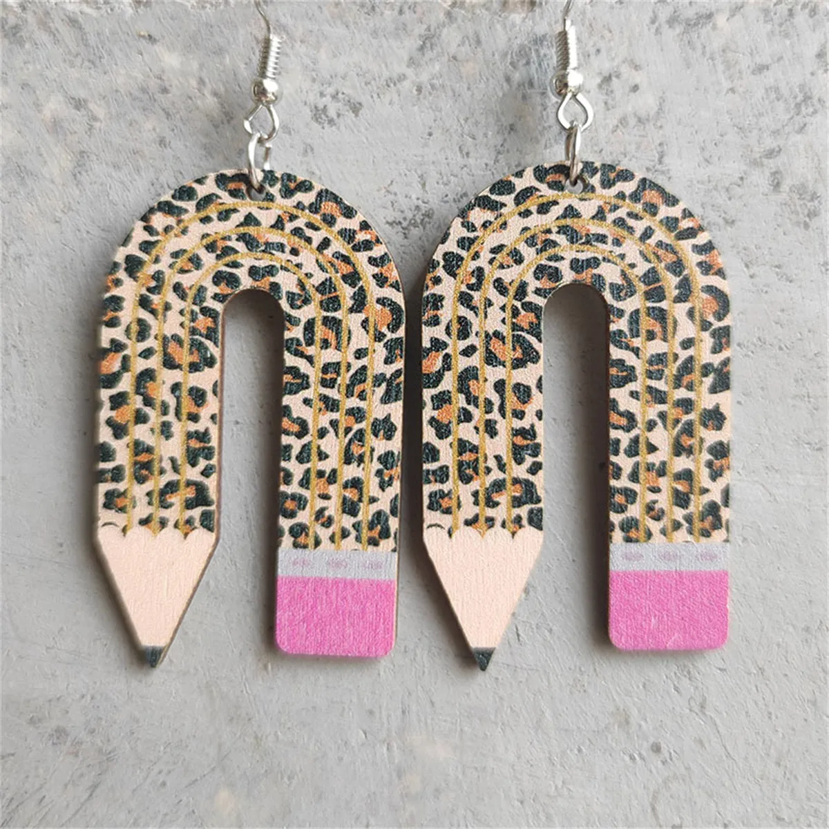 Brown Wood & Silver-Plated Leopard Pencil Drop Earrings