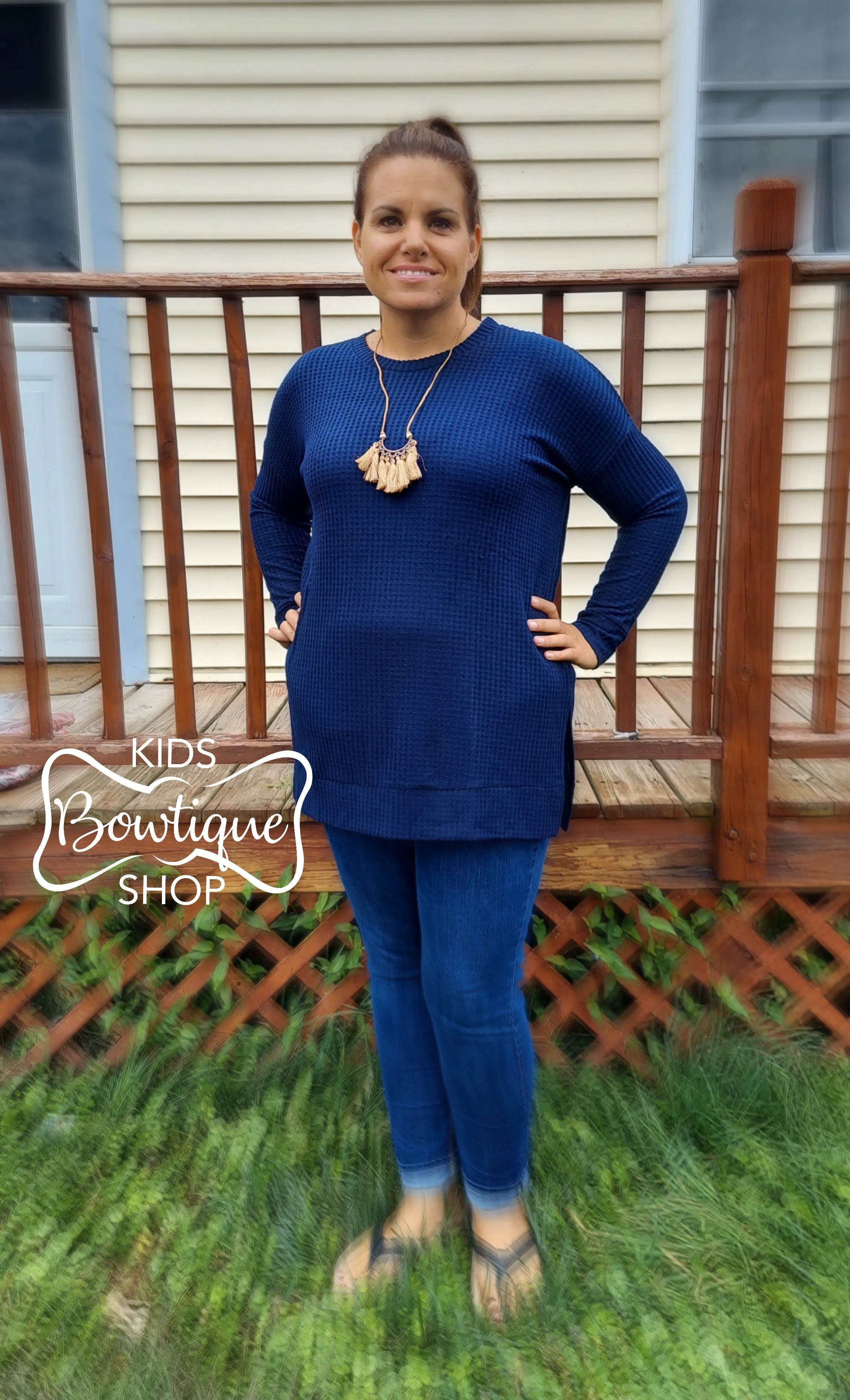 Brushed Waffle Knit Slit Tunic Top - Women's