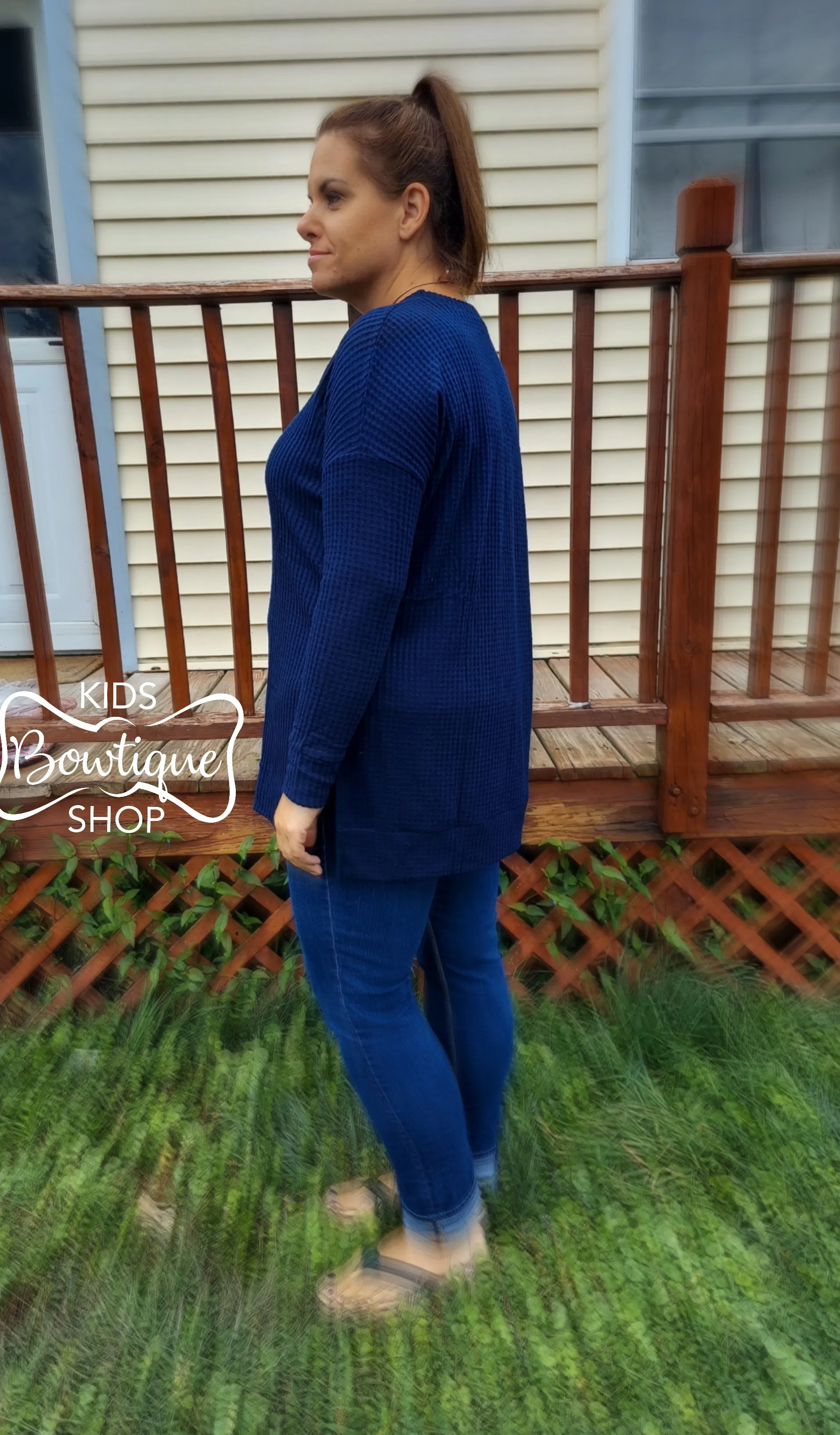 Brushed Waffle Knit Slit Tunic Top - Women's