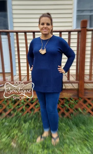 Brushed Waffle Knit Slit Tunic Top - Women's