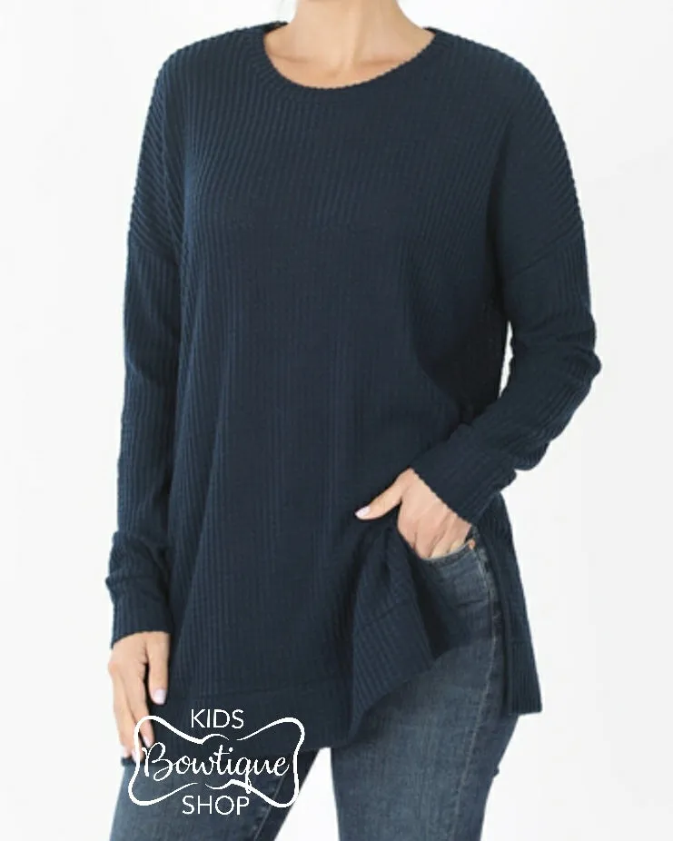 Brushed Waffle Knit Slit Tunic Top - Women's