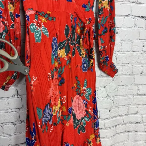 By Anthropologie Boswell Textured Wrap Dress Viscose Red Floral