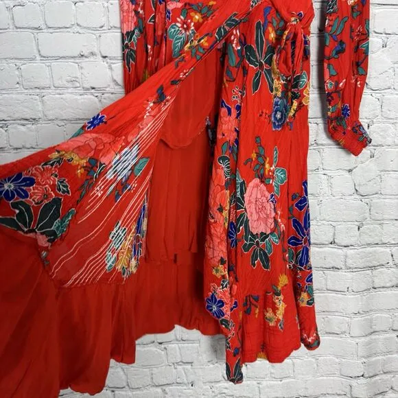 By Anthropologie Boswell Textured Wrap Dress Viscose Red Floral