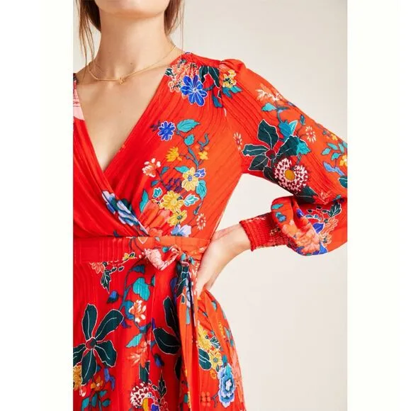 By Anthropologie Boswell Textured Wrap Dress Viscose Red Floral