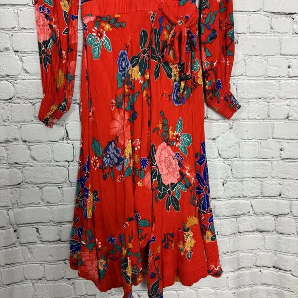 By Anthropologie Boswell Textured Wrap Dress Viscose Red Floral