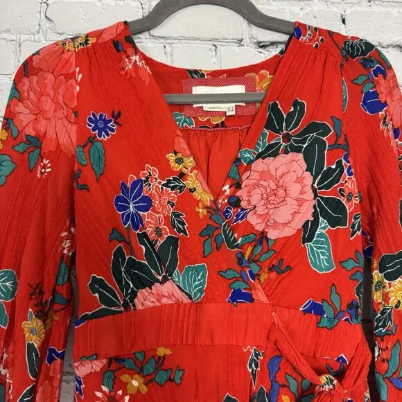 By Anthropologie Boswell Textured Wrap Dress Viscose Red Floral