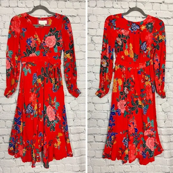 By Anthropologie Boswell Textured Wrap Dress Viscose Red Floral