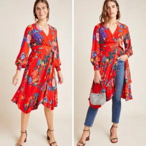 By Anthropologie Boswell Textured Wrap Dress Viscose Red Floral