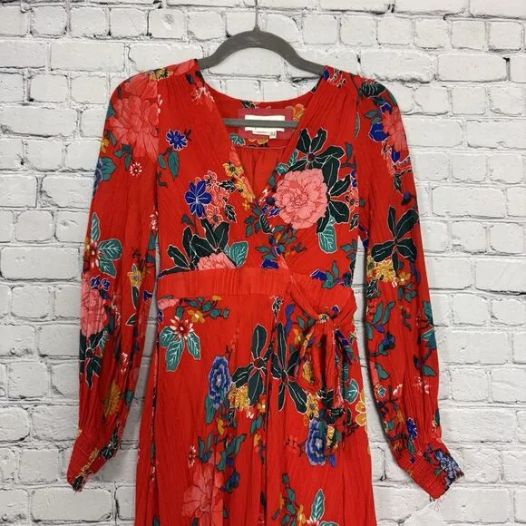 By Anthropologie Boswell Textured Wrap Dress Viscose Red Floral