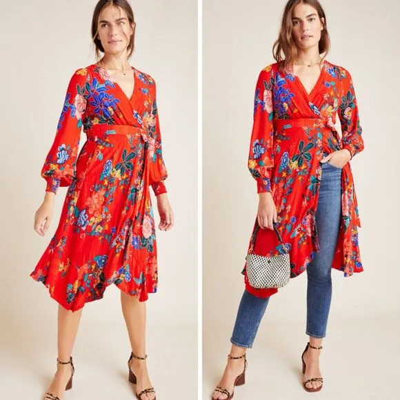 By Anthropologie Boswell Textured Wrap Dress Viscose Red Floral