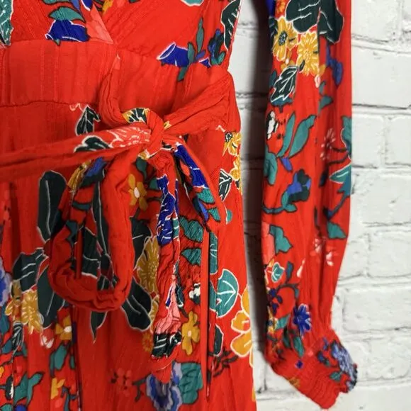 By Anthropologie Boswell Textured Wrap Dress Viscose Red Floral