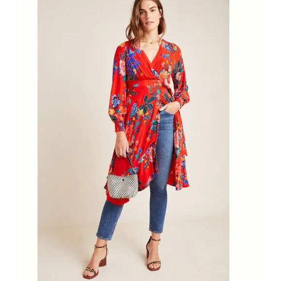 By Anthropologie Boswell Textured Wrap Dress Viscose Red Floral