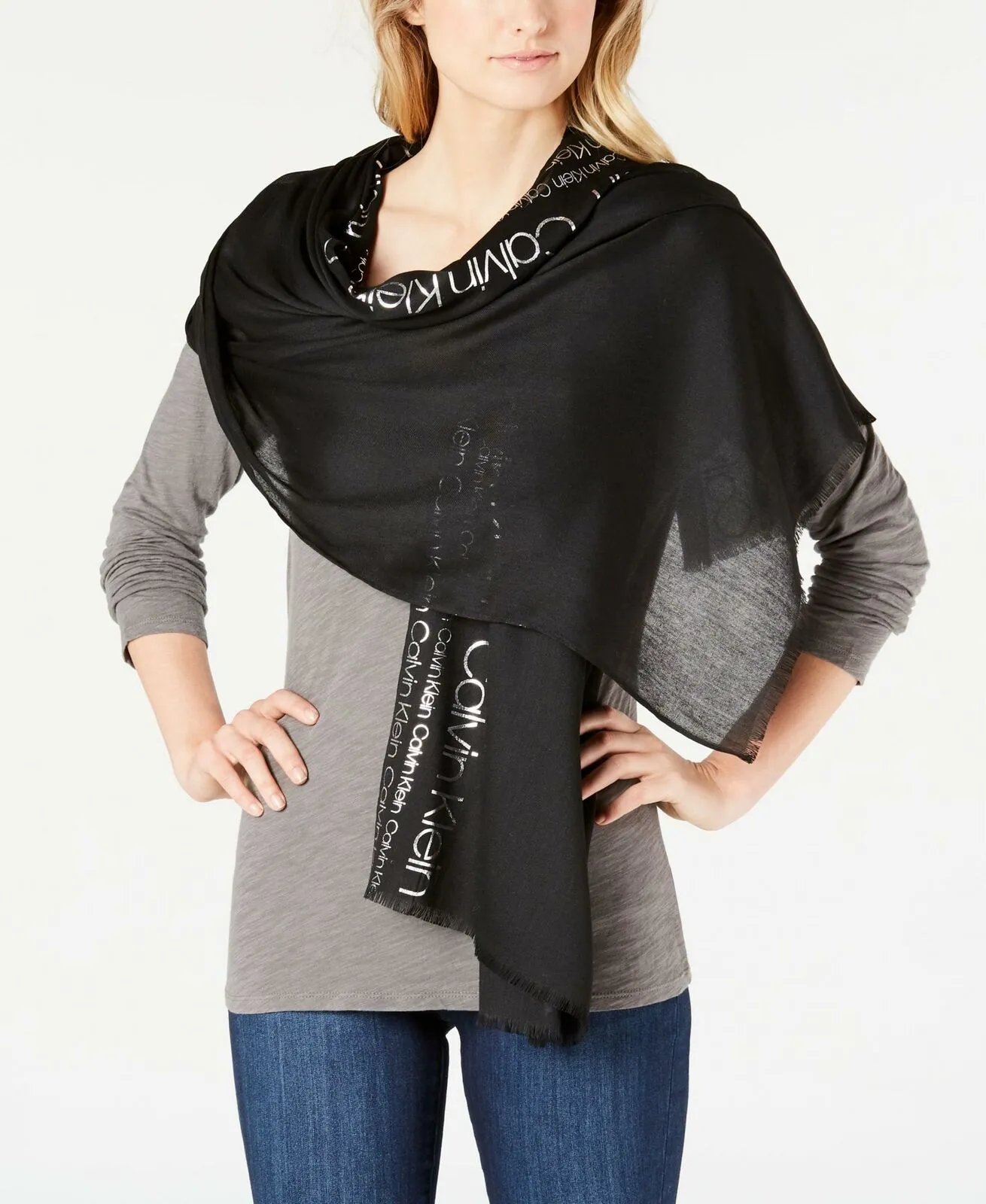 Calvin Klein Women's Metallic Logo Printed Rectangle Scarf