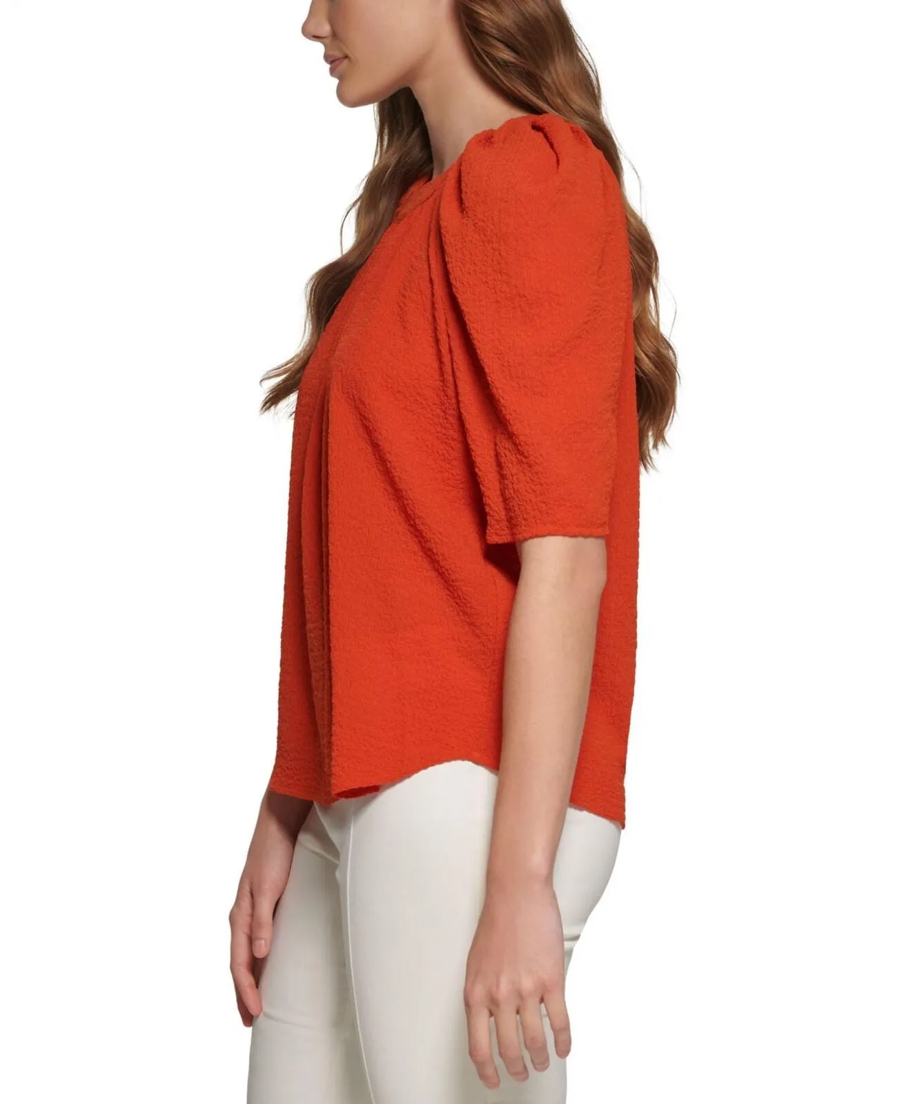 Calvin Klein Women's Textured Puff Shoulder Blouse M2DA1517 Clay Orange XS