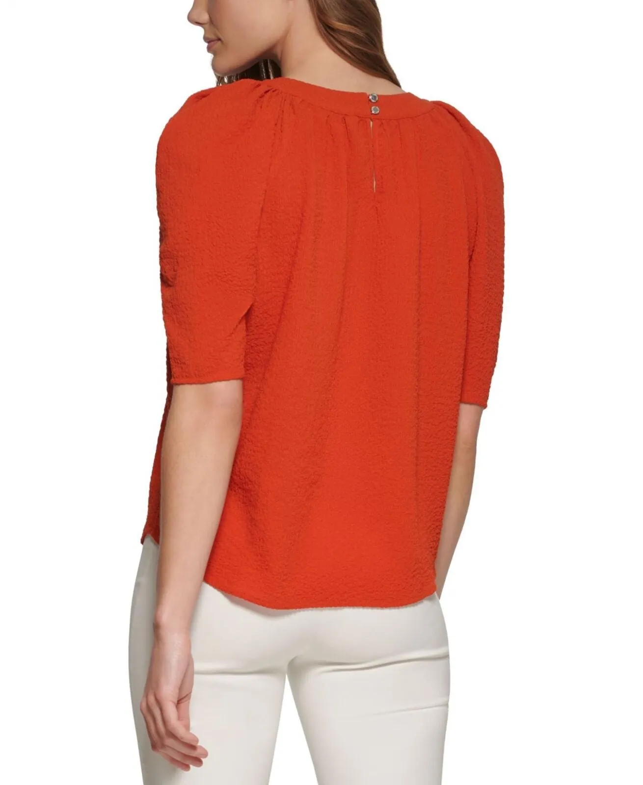 Calvin Klein Women's Textured Puff Shoulder Blouse M2DA1517 Clay Orange XS