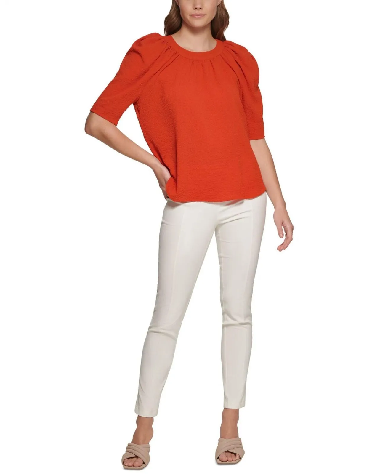 Calvin Klein Women's Textured Puff Shoulder Blouse M2DA1517 Clay Orange XS