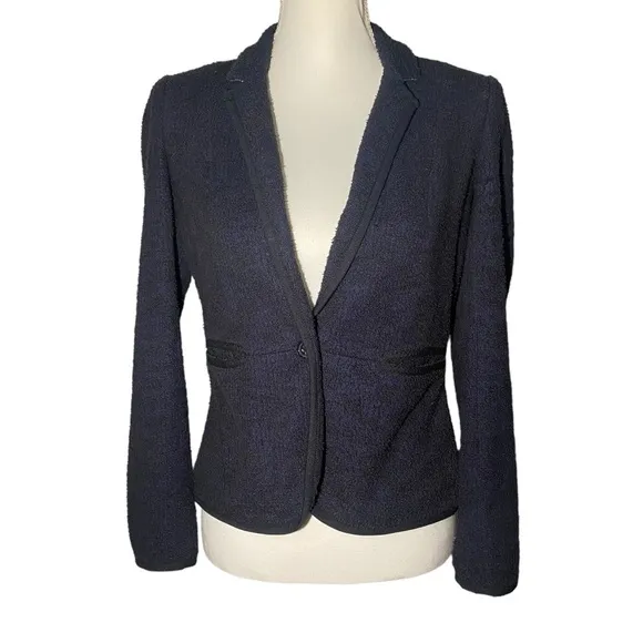 Cartonnier by Anthropologie Women's Size 2 Tweed Blue Black Blazer Preppy Stripe