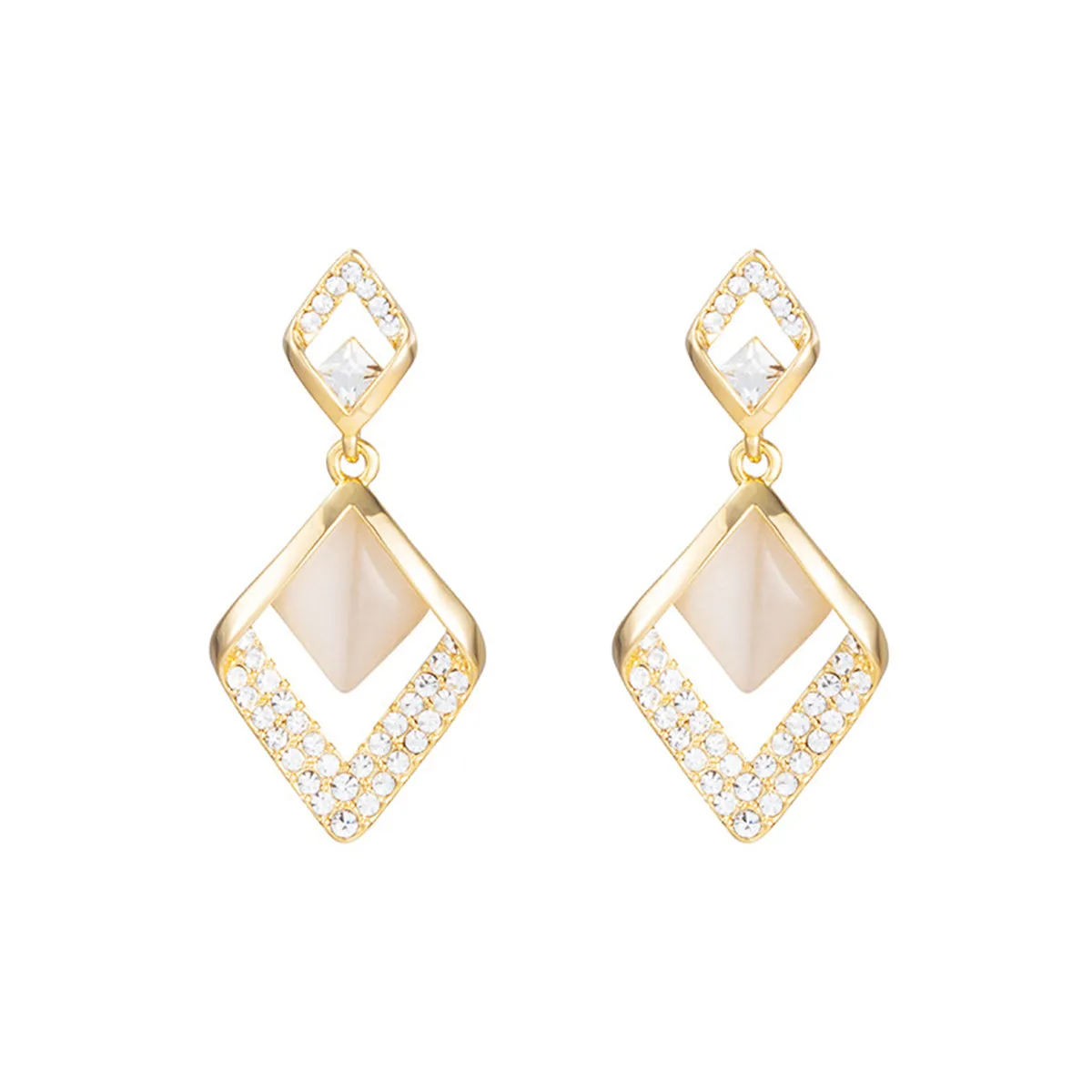 Cat Eye & Cubic Zirconia Rhombus Drop Earrings