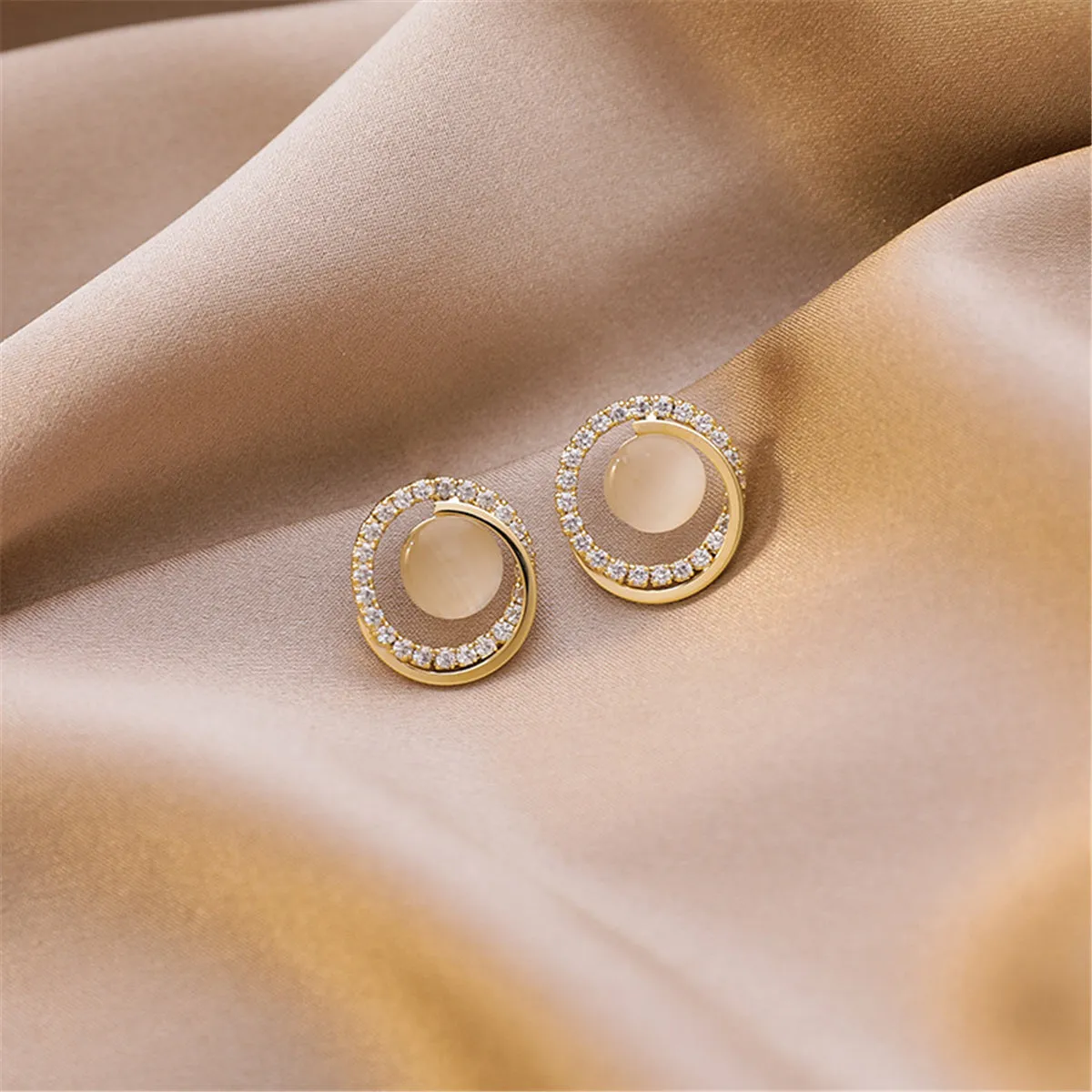 Cats Eye & Clear Cubic Zirconia 18K Gold-Plated Round Stud Earrings