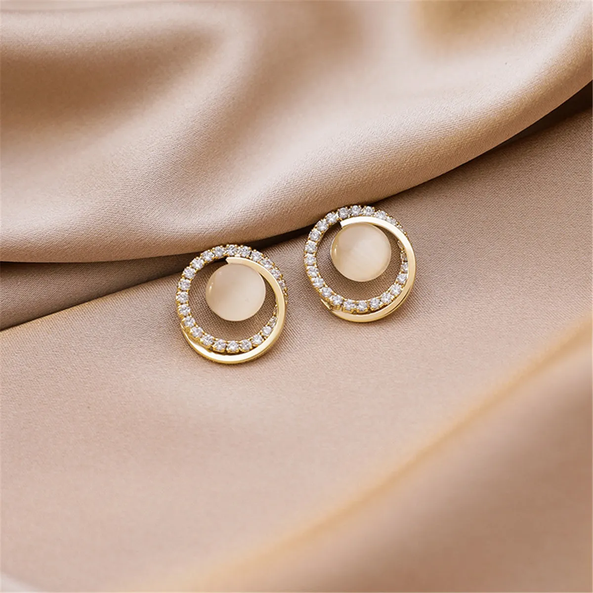 Cats Eye & Clear Cubic Zirconia 18K Gold-Plated Round Stud Earrings