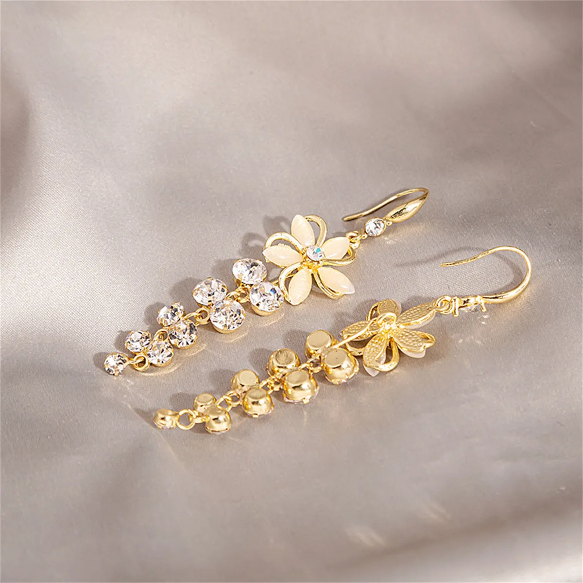 Cat's Eye & Cubic Zirconia Flower Cascading Drop Earrings
