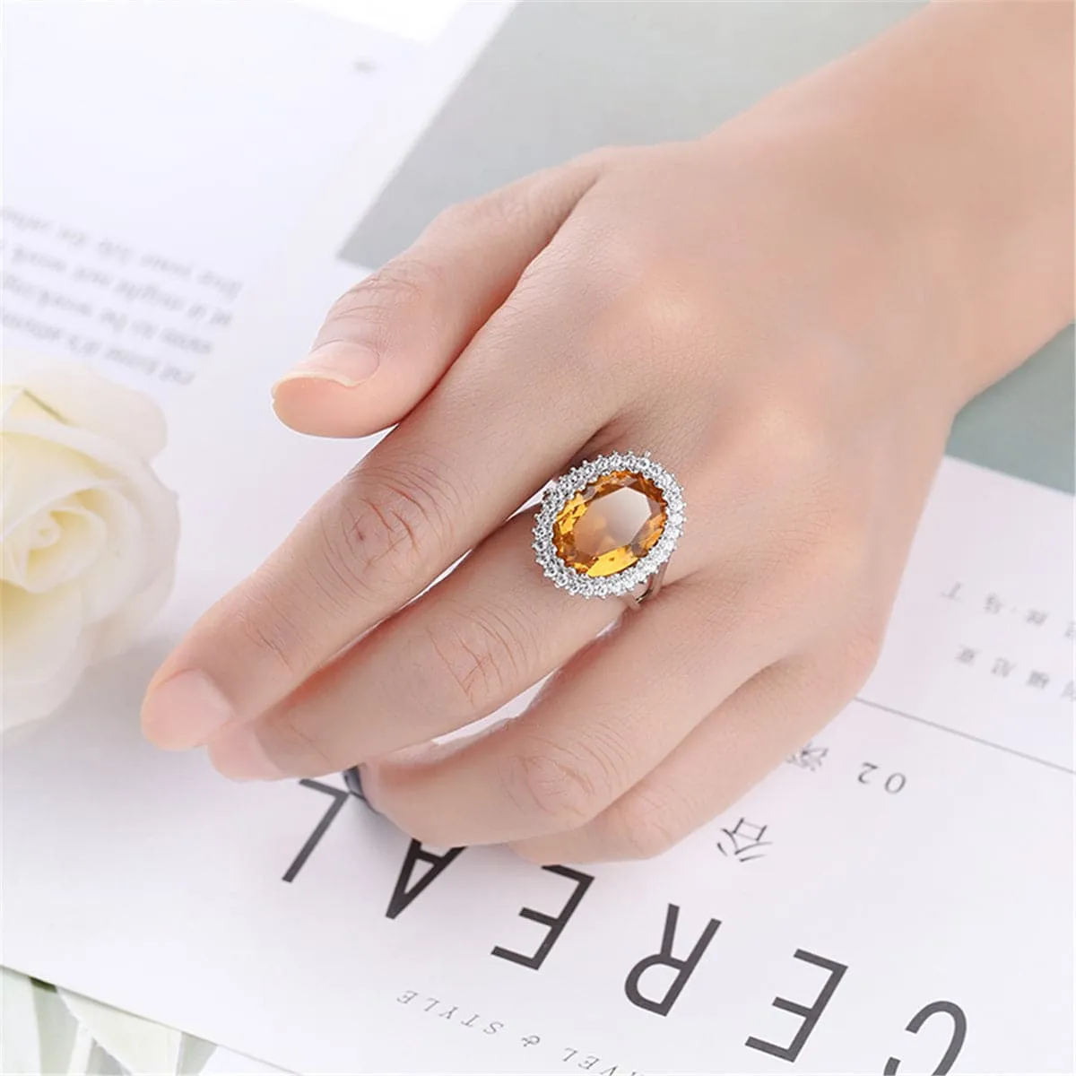 Champagne Cubic Zirconia & Crystal Burst Halo Oval Ring