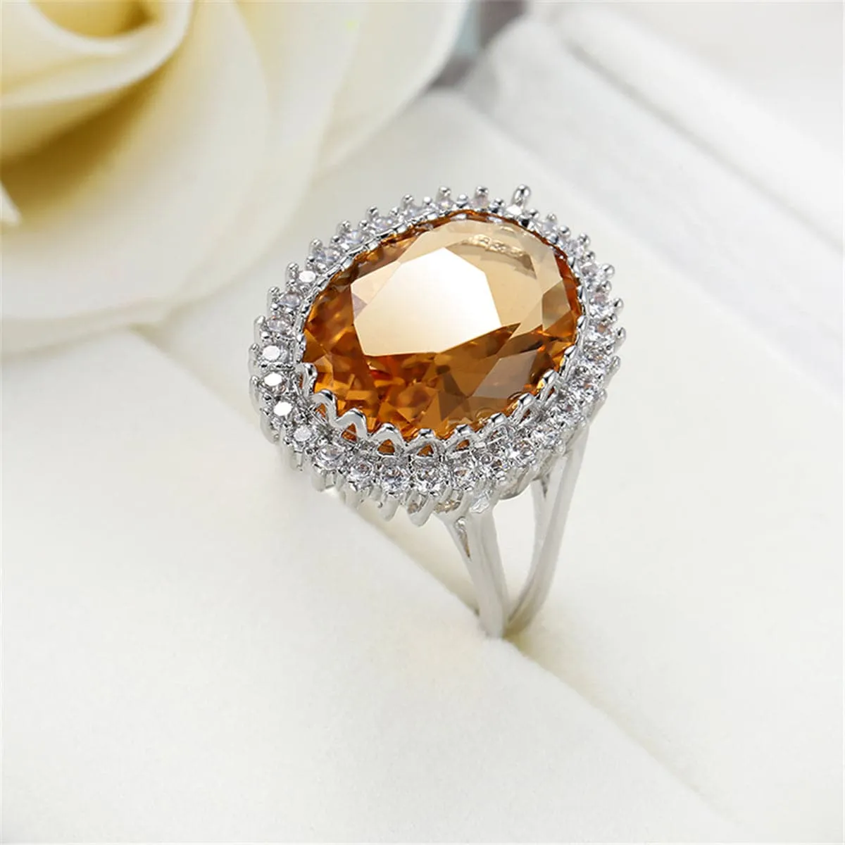 Champagne Cubic Zirconia & Crystal Burst Halo Oval Ring