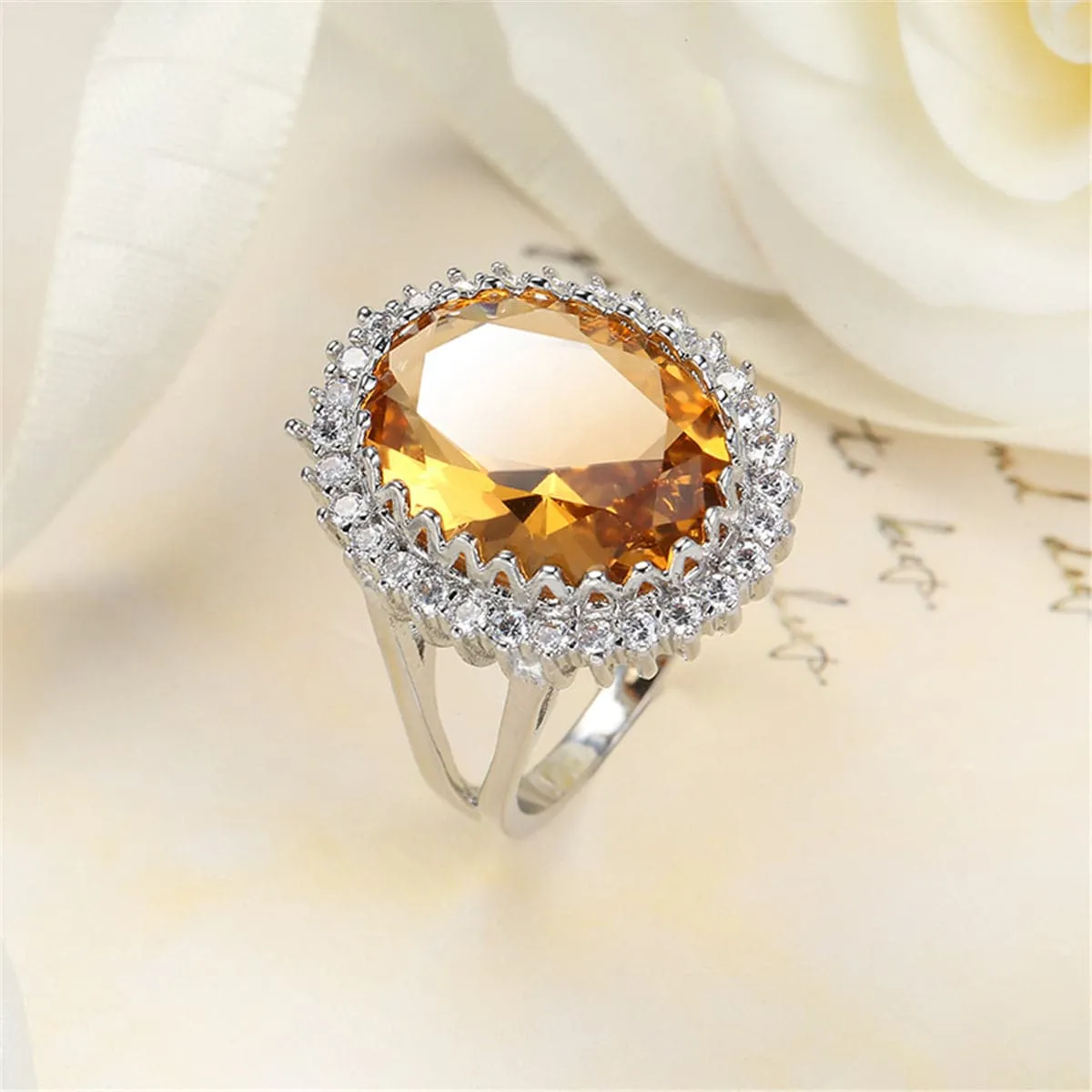 Champagne Cubic Zirconia & Crystal Burst Halo Oval Ring