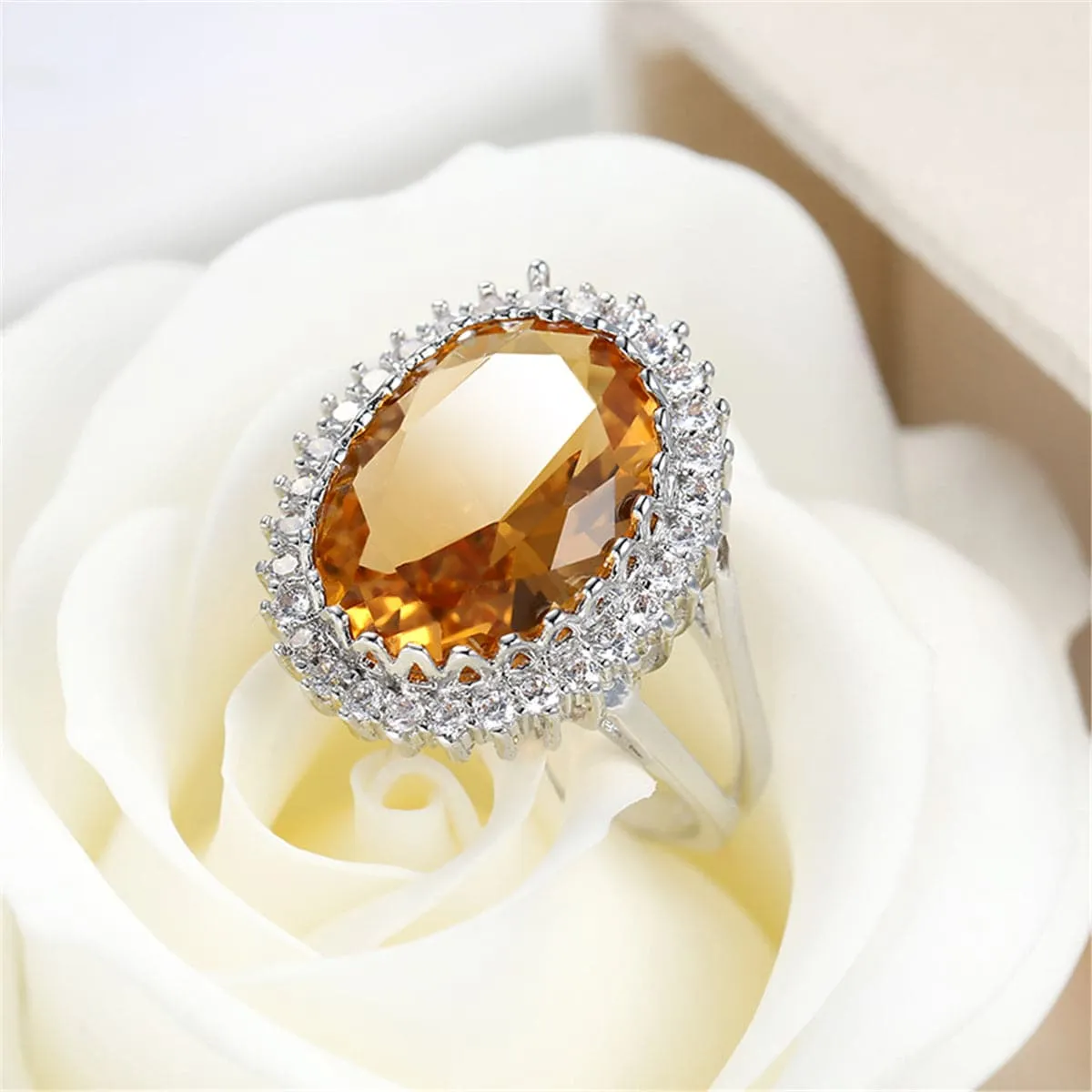 Champagne Cubic Zirconia & Crystal Burst Halo Oval Ring