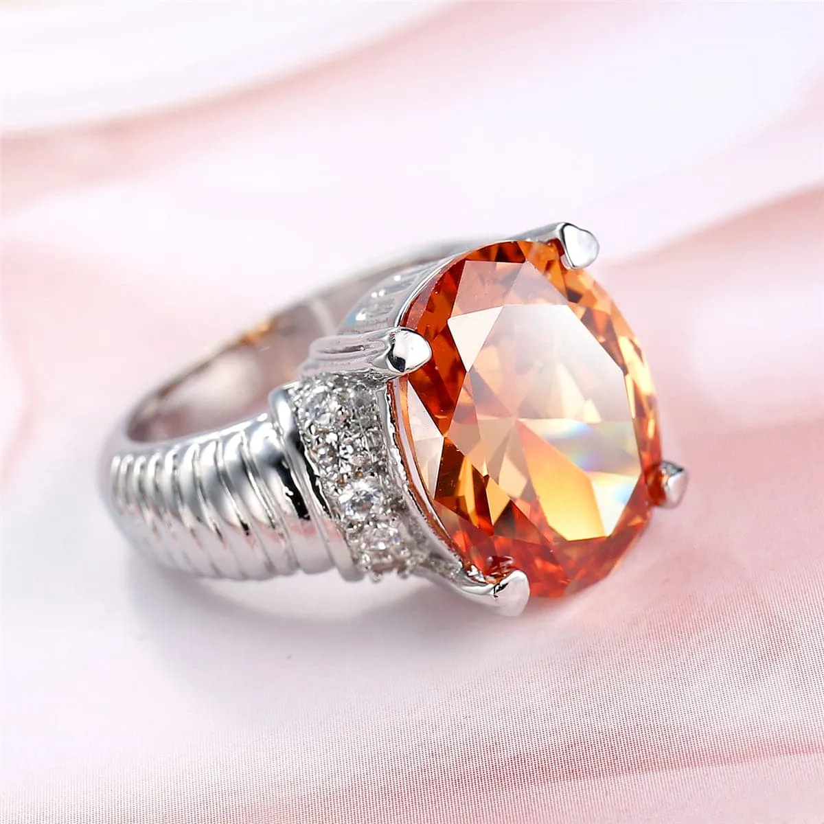 Champagne Cubic Zirconia & Crystal Textured Oval Ring