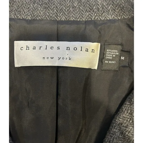 Charles Nolan Womens Two Button Notched Lapel Herringbone Coat Gray Wool Medium