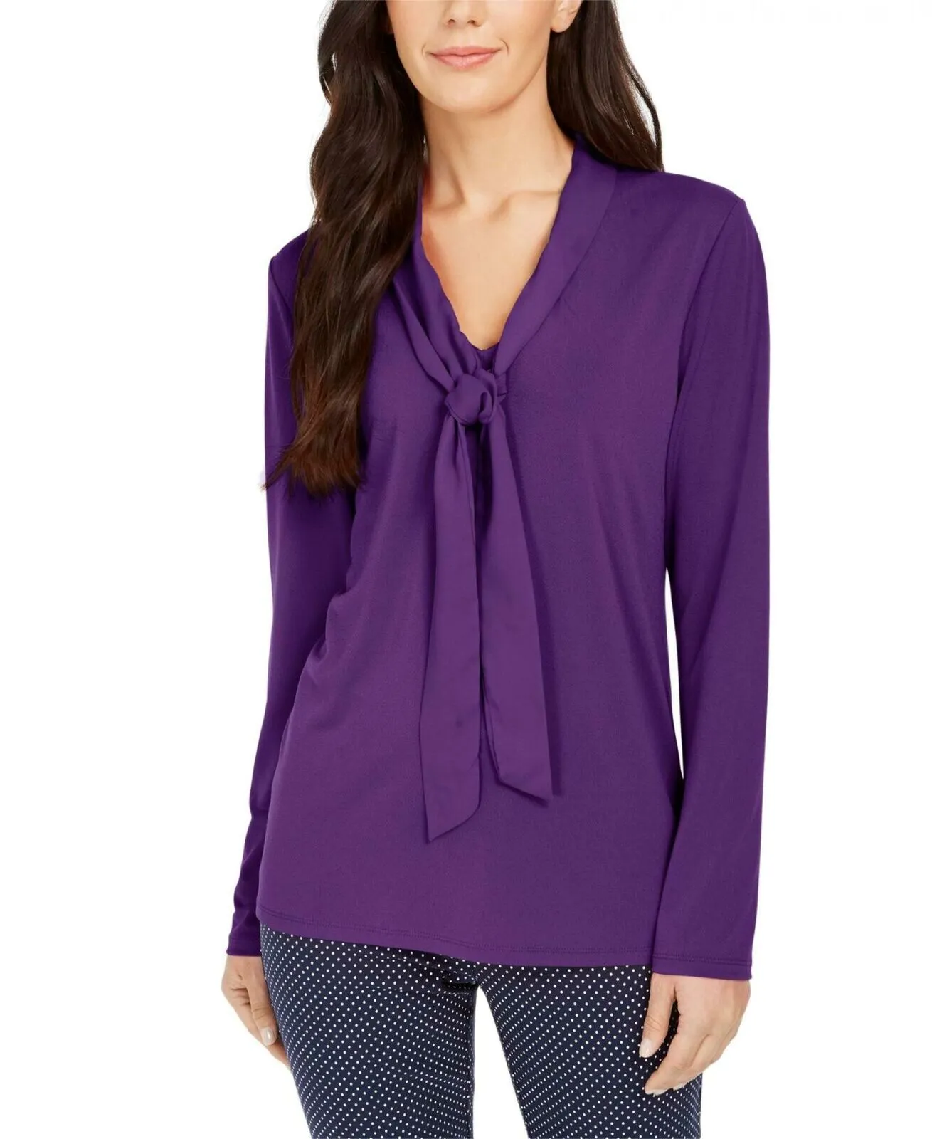 Charter Club Women's Woven Neck Tie Textured Knit Top