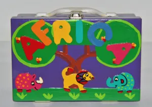 Child's Happy African Animal Treasure Box Wood Carved Vintage Shape Multicolored 10" X 7" X 4"
