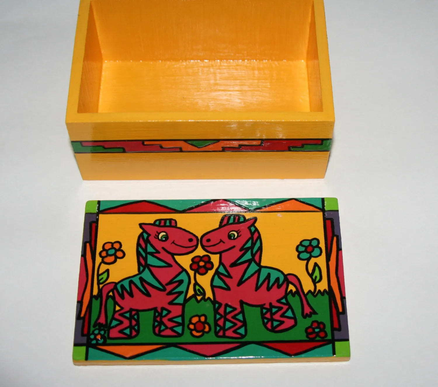 Child's Happy Pink Zebra Twins Wood Box Carved Painted Vibrant Colors South Africa 6"W X 4"D X 3"H