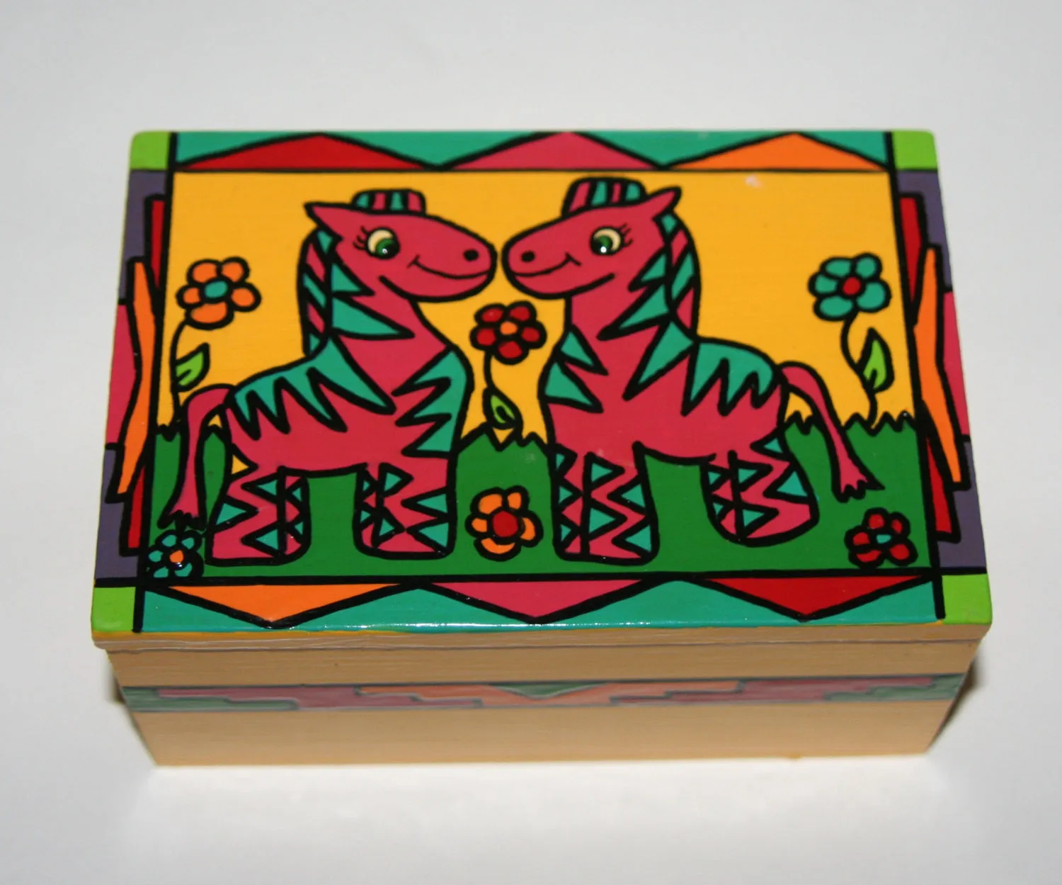 Child's Happy Pink Zebra Twins Wood Box Carved Painted Vibrant Colors South Africa 6"W X 4"D X 3"H