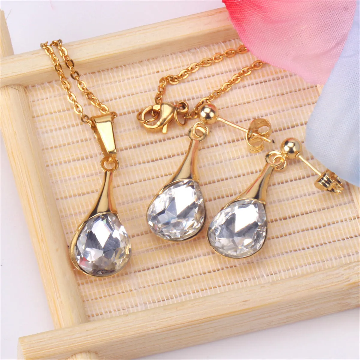 Clear Crystal & 18K Gold-Plated Drop Earrings & Pendant Necklace
