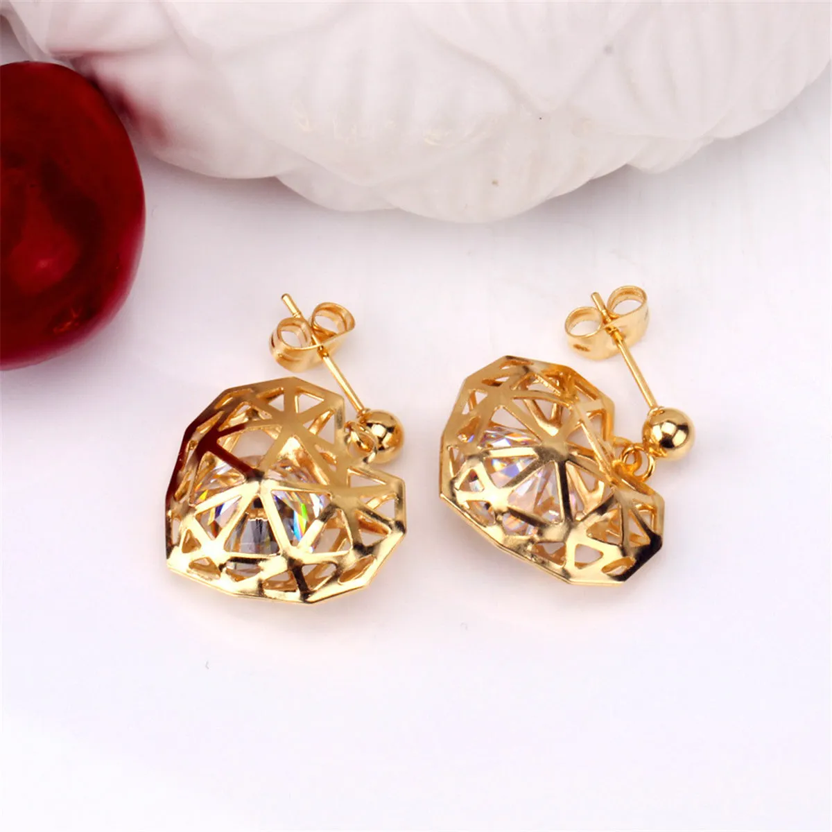 Clear Cubic Zirconia & 18K Gold-Plated Heart Drop Earrings & Pendant Necklace