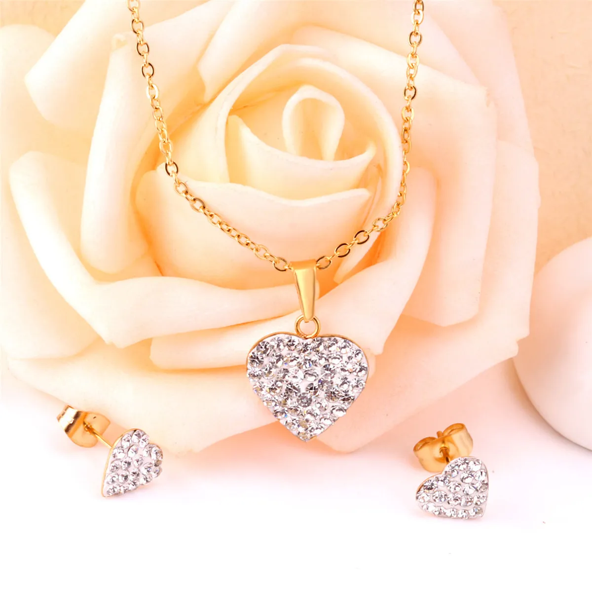 Clear Cubic Zirconia & 18K Gold-Plated Heart Stud Earrings & Pendant Necklace