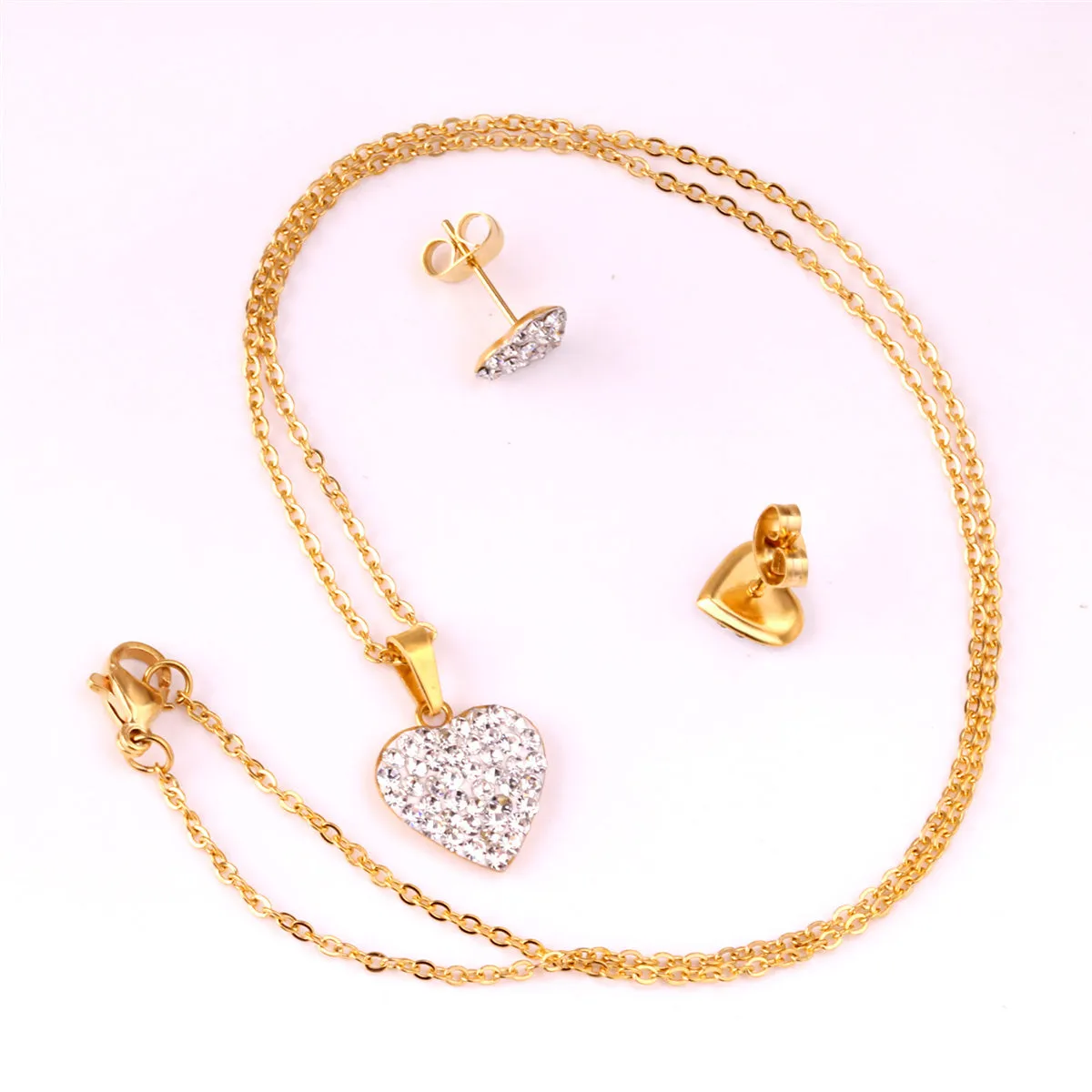 Clear Cubic Zirconia & 18K Gold-Plated Heart Stud Earrings & Pendant Necklace