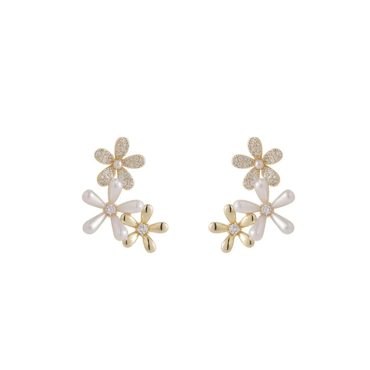 Clear Cubic Zirconia & Pearl Tri-Flower Stud Earrings