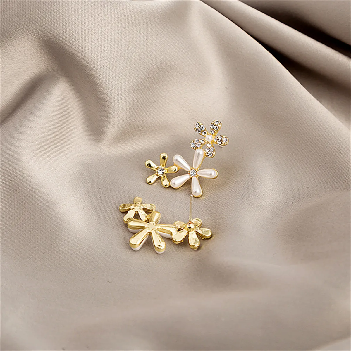 Clear Cubic Zirconia & Pearl Tri-Flower Stud Earrings