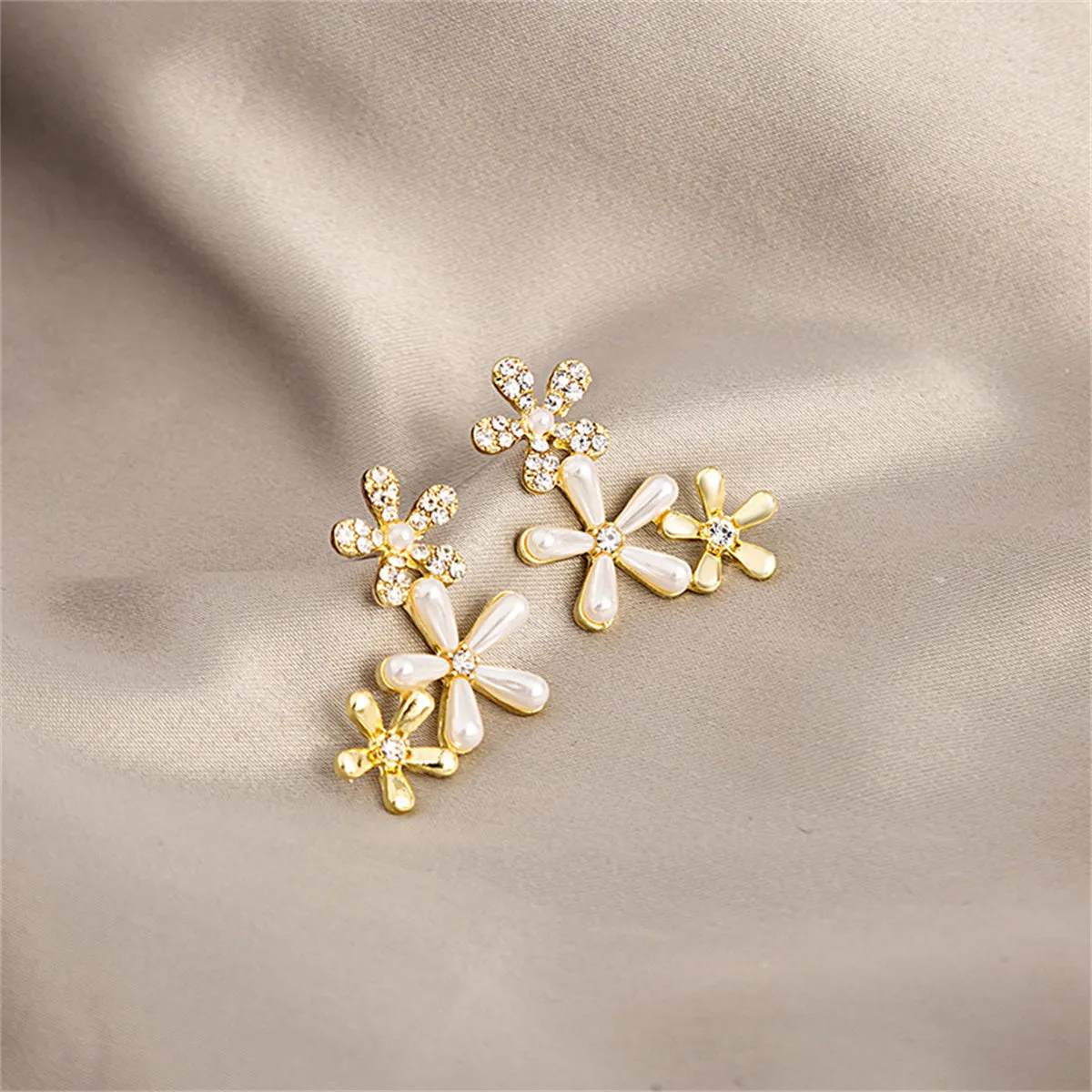 Clear Cubic Zirconia & Pearl Tri-Flower Stud Earrings