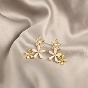 Clear Cubic Zirconia & Pearl Tri-Flower Stud Earrings