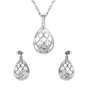 Clear Cubic Zirconia & Silver-Plated Caged Drop Earrings & Pendant Necklace
