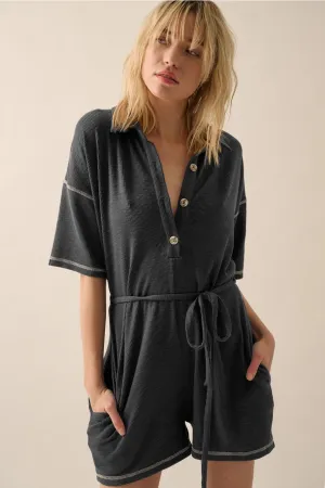 Collared Exposed-Seam Solid Rib-Knit Romper