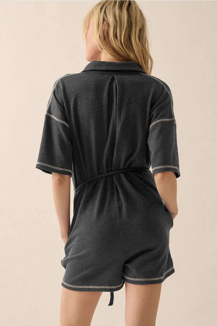 Collared Exposed-Seam Solid Rib-Knit Romper