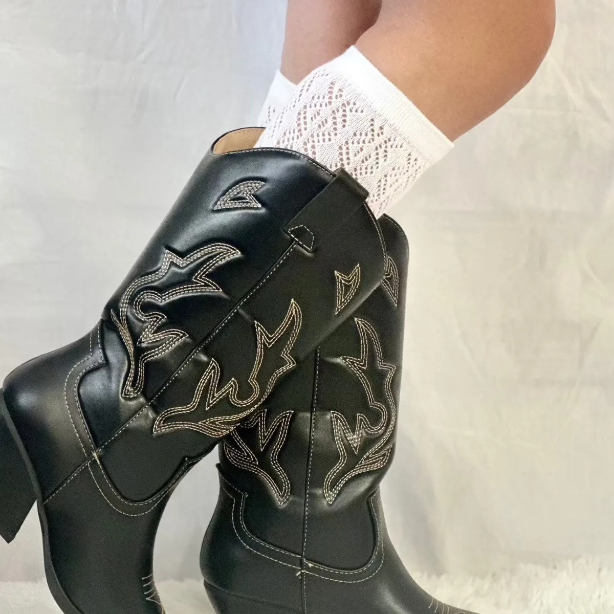 COWGIRL BOOT cute knee high socks  - white