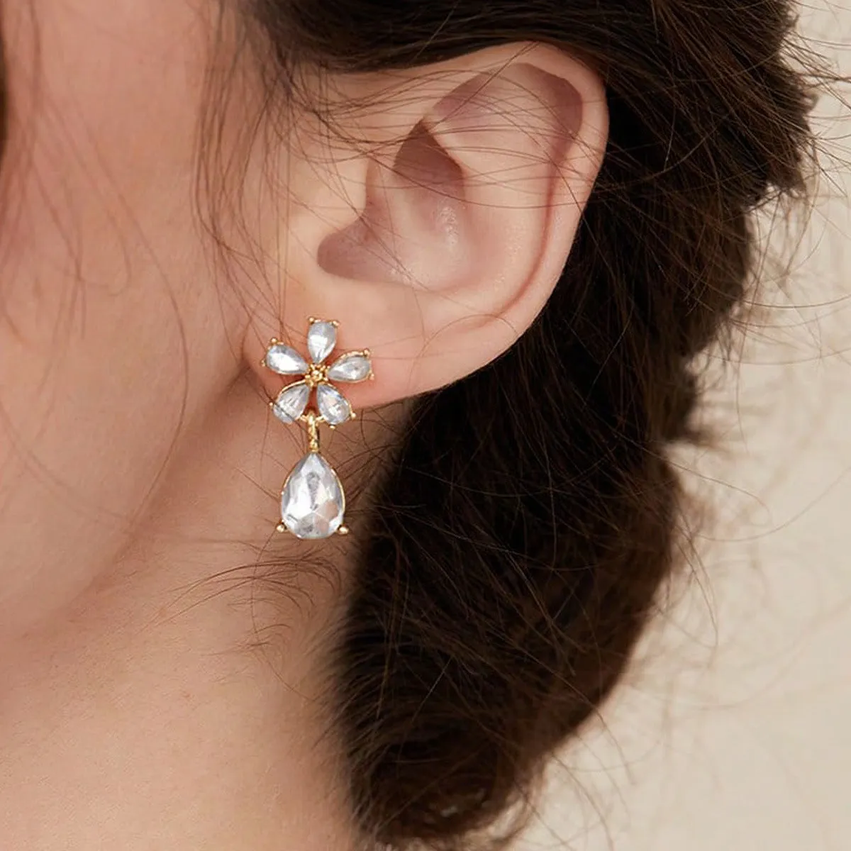 Crystal & 18K Gold-Plated Flower Drop Earrings