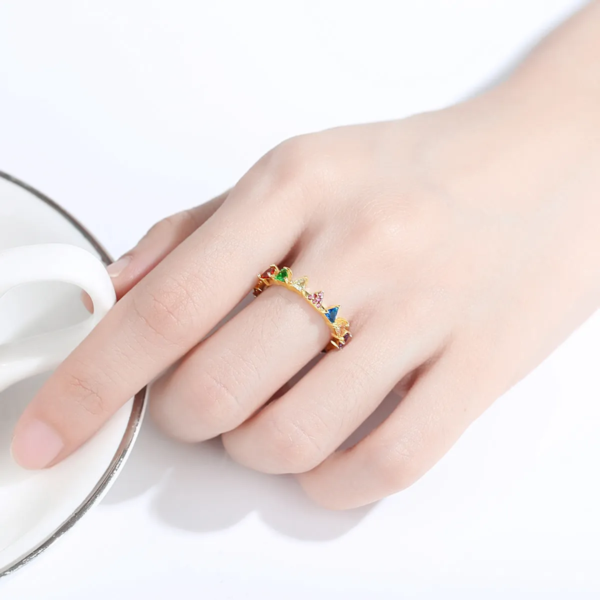 Crystal & 18K Gold-Plated Multicolor Triangle Band Ring